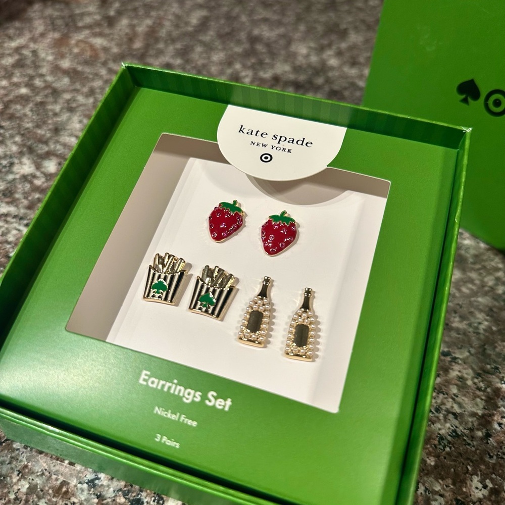 Kate Spade X Target Earring Trio Strawberry, Fries & Champagne Pearl - Picture 2 of 6